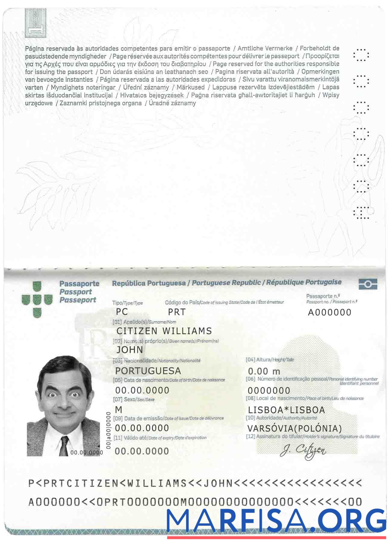 Blank Portugal passport (2006 2017) sample